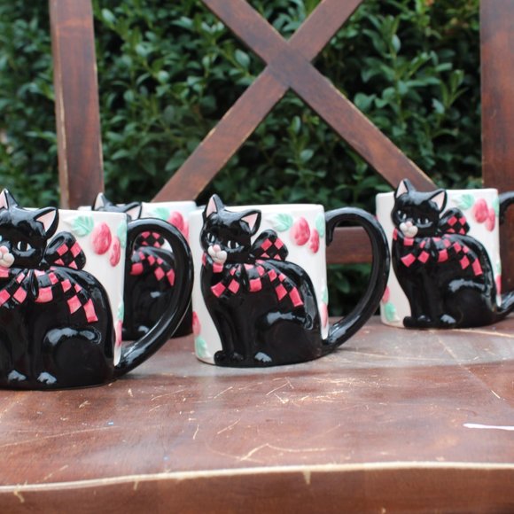 (4)Vtg Wang's International 3D Black Cat Cherries Super rare Handled mugs - Picture 13 of 13